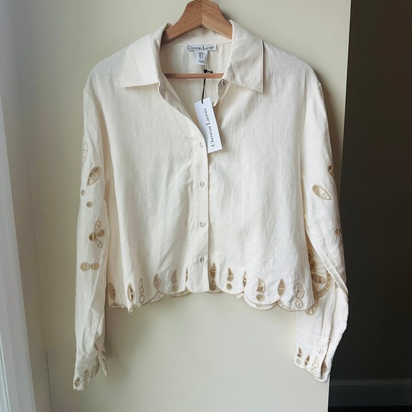 Christian Lacroix Linen Blend Embroidered Scallop Hem Blouse S NWT - Picture 3 of 10